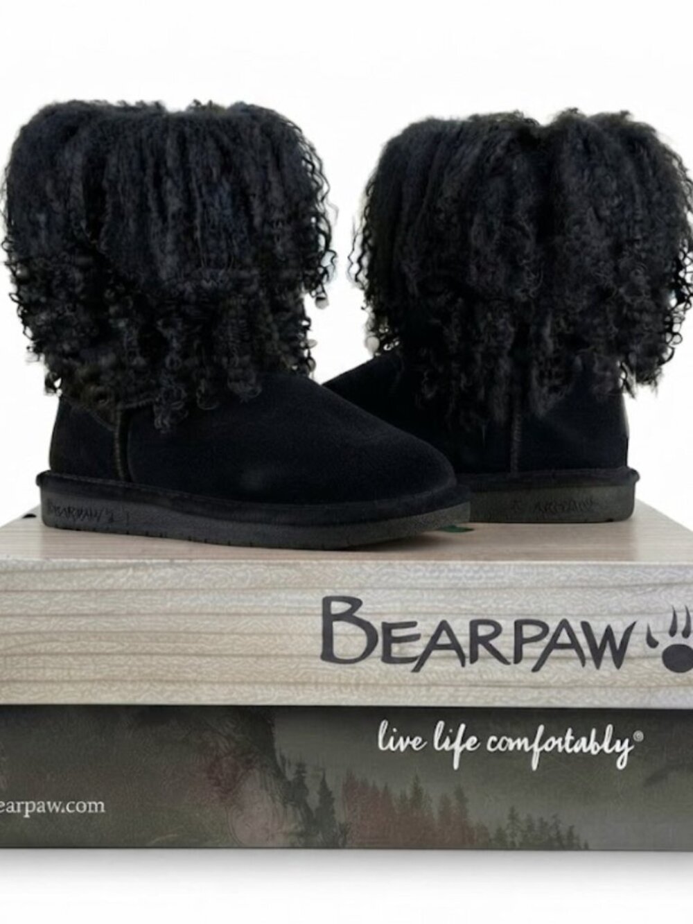 Bearpaw Boo Black Shearling Wool Lined Curly Lamb Fur Sherpa Boho Boots Sz 8 NEW